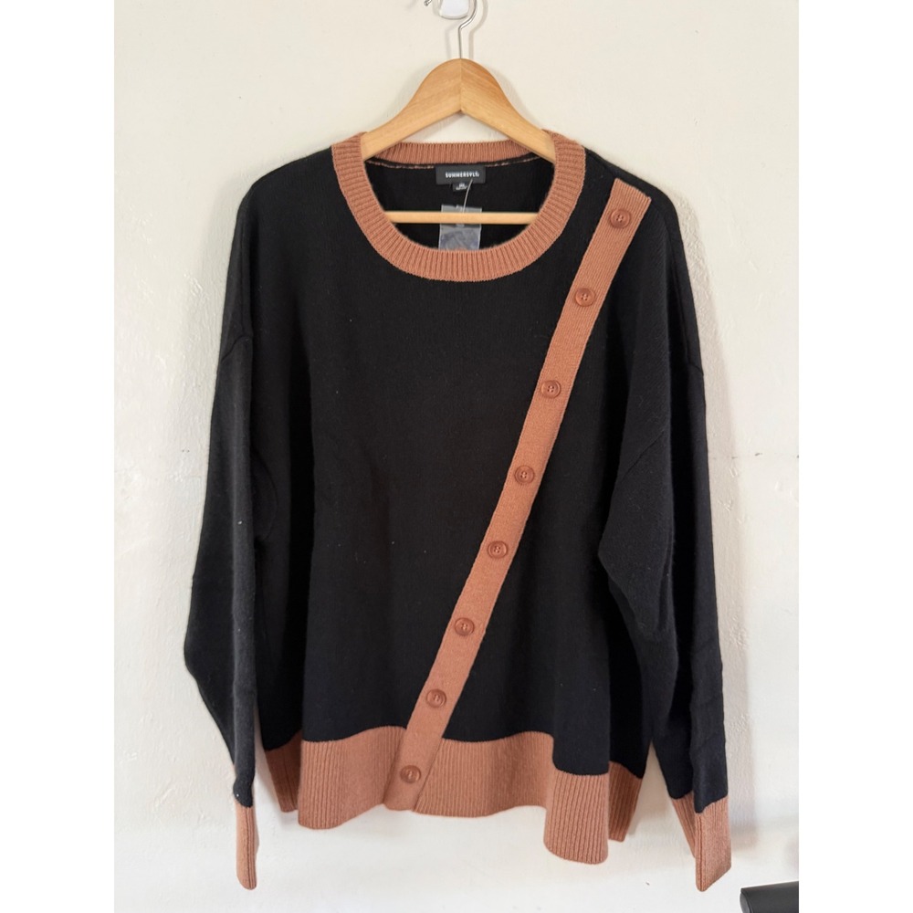 Summersalt Black Tan Mercerized Wool Cashmere Asymmetrical Button Sweater 2XL